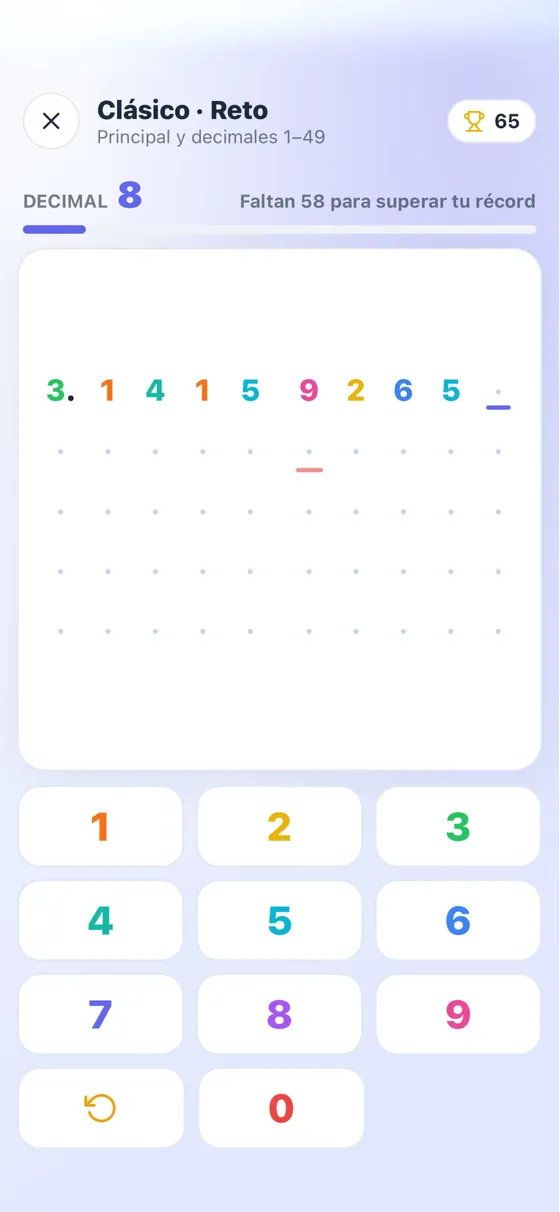 Juego Clásico en modo reto: los decimales de π aparecen en colores sobre una cuadrícula y abajo está el teclado numérico.