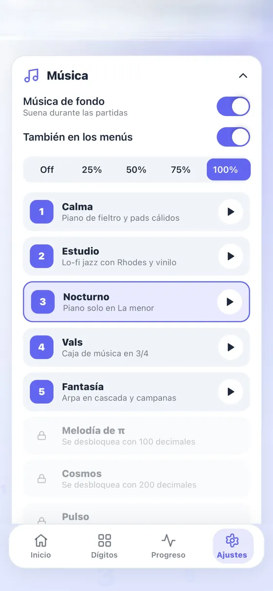 Ajustes de música: pistas Calma, Estudio, Nocturno, Vals y Fantasía, y otras bloqueadas como Melodía de π.