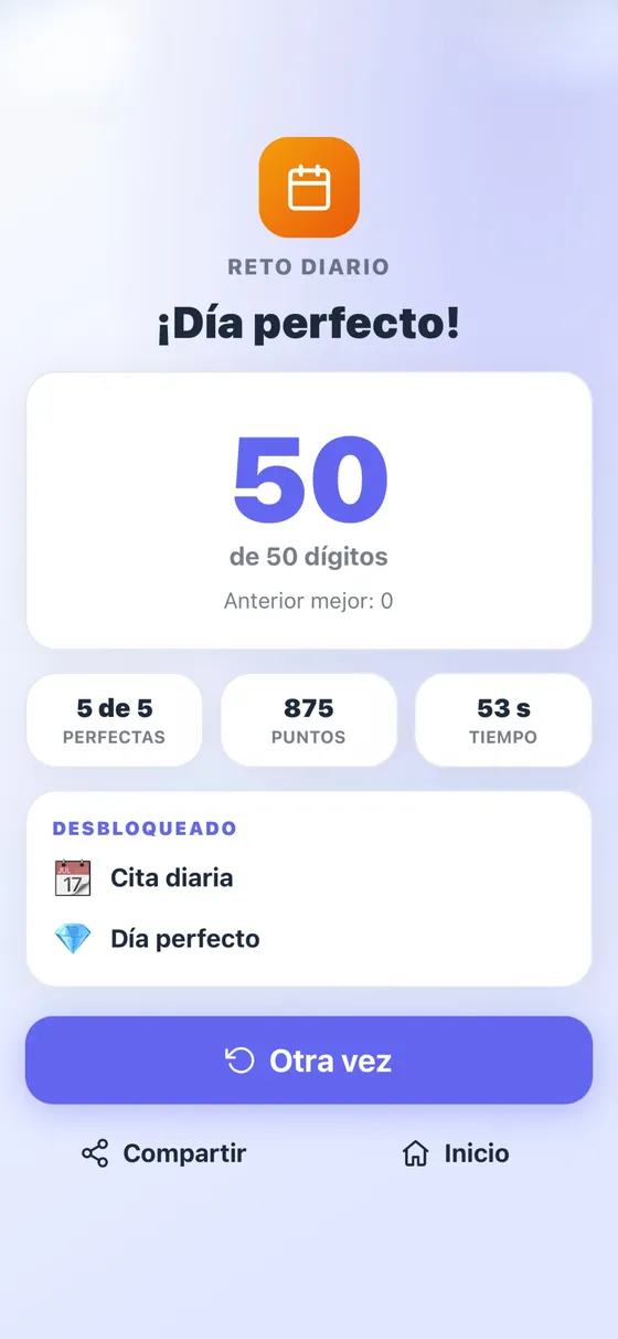 Resultado del reto diario: día perfecto, 50 de 50 dígitos, con los logros Cita diaria y Día perfecto desbloqueados.